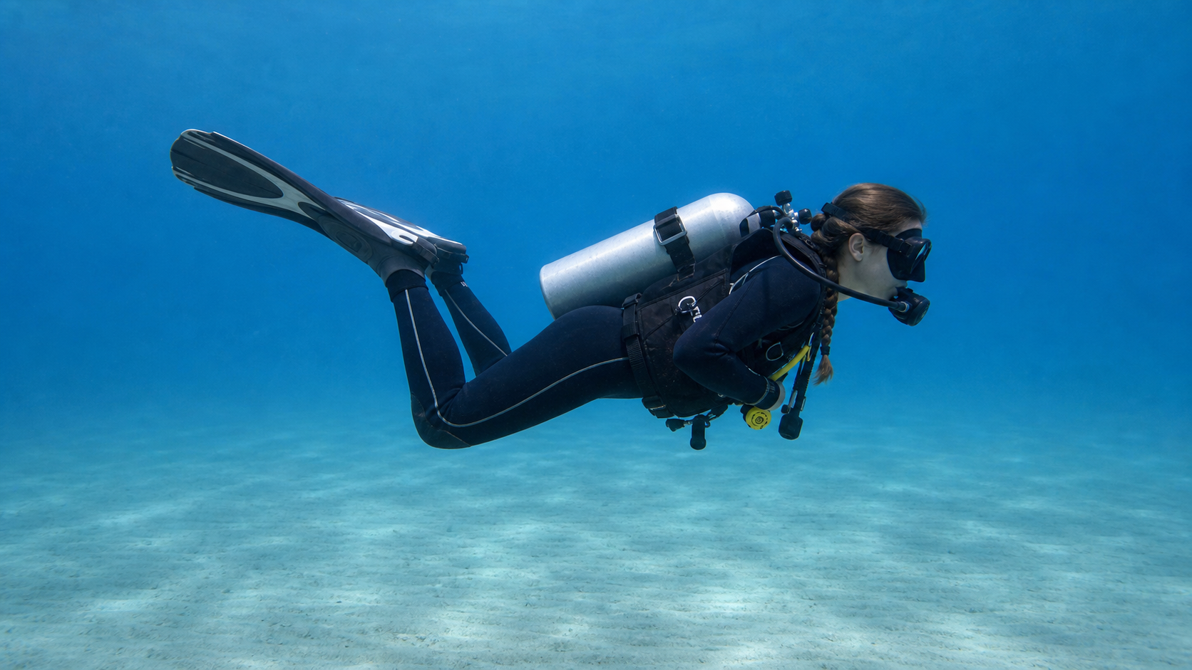 A scuba diver in horizontal trim underwater with knees bent for a frog kick