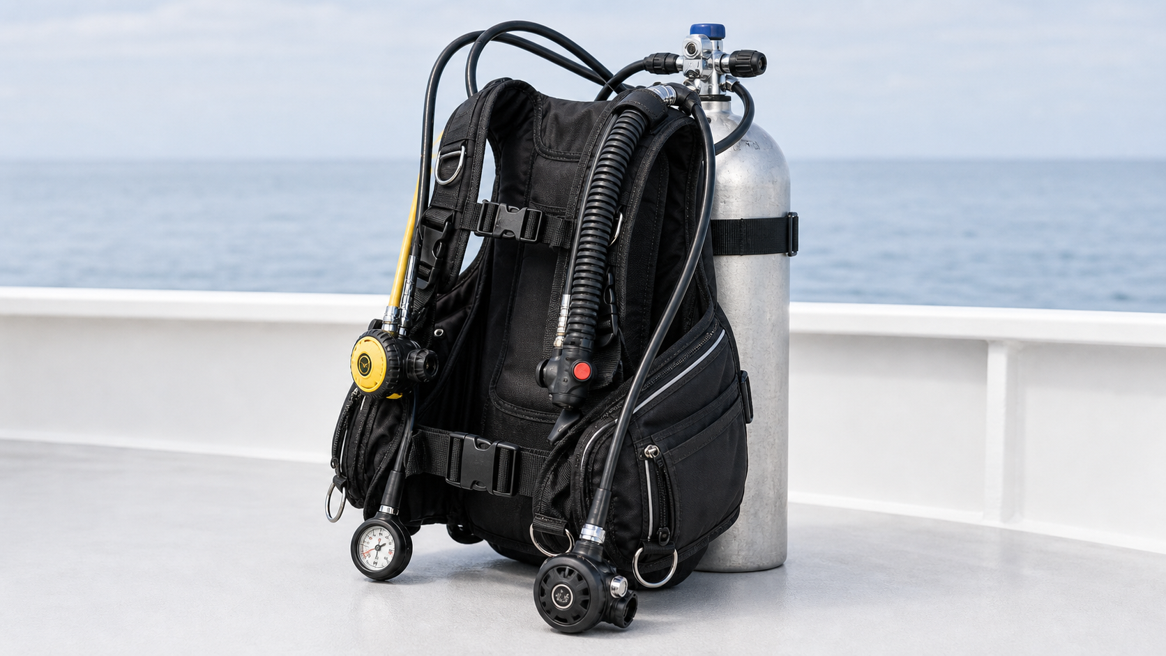 Assembled scuba BCD, cylinder, regulator hoses, SPG and alternate second stage with labels